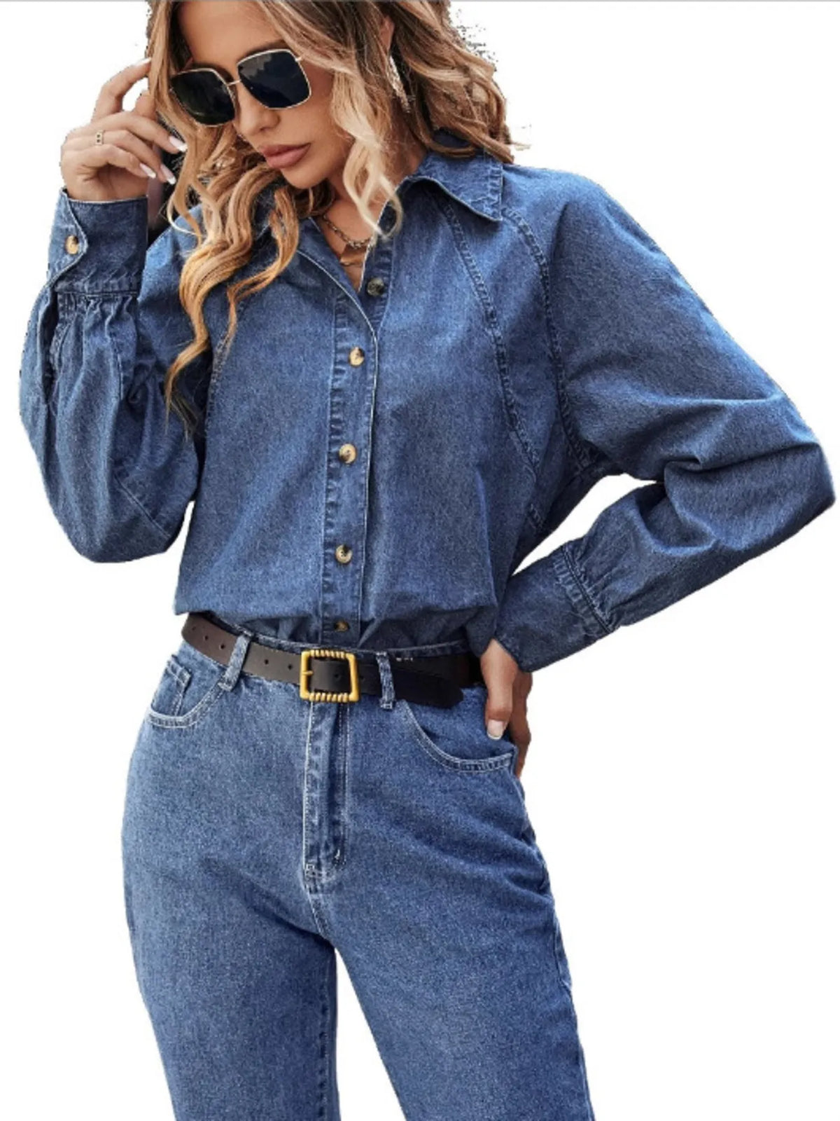 Button Up Long Sleeve Denim Shirt-Free Shipping - aurelia-clothing-8955