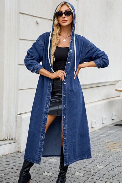 Button Up Long Sleeve Longline Hooded Denim Outerwear - aurelia-clothing-8955