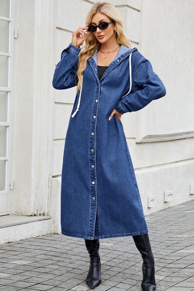 Button Up Long Sleeve Longline Hooded Denim Outerwear - aurelia-clothing-8955