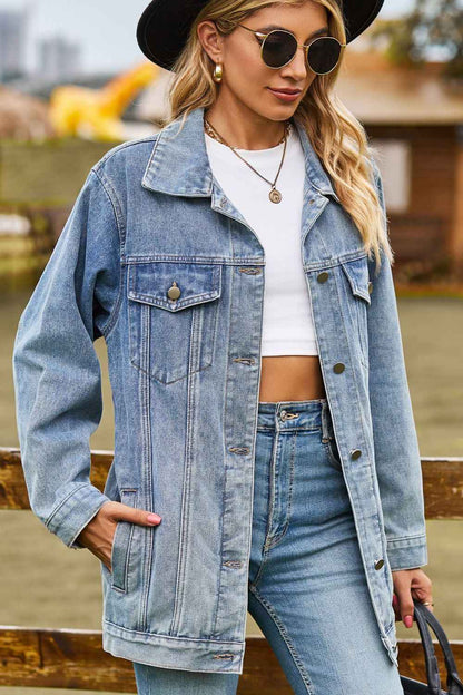 Buttoned Collared Neck Denim Womens Jacket with Pockets - aurelia-clothing-8955