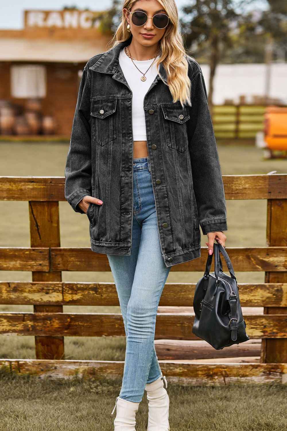 Buttoned Collared Neck Denim Womens Jacket with Pockets - aurelia-clothing-8955