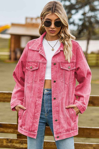 Buttoned Collared Neck Denim Womens Jacket with Pockets - aurelia-clothing-8955