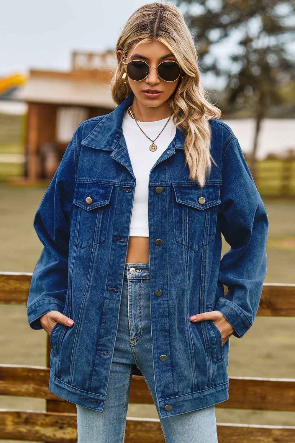 Buttoned Collared Neck Denim Womens Jacket with Pockets - aurelia-clothing-8955