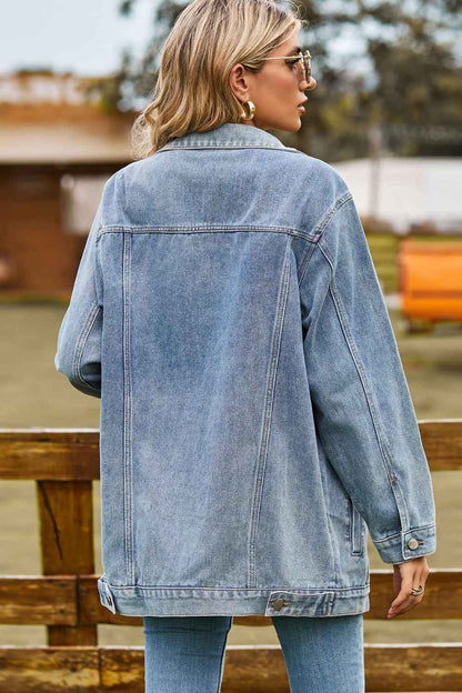 Buttoned Collared Neck Denim Womens Jacket with Pockets - aurelia-clothing-8955