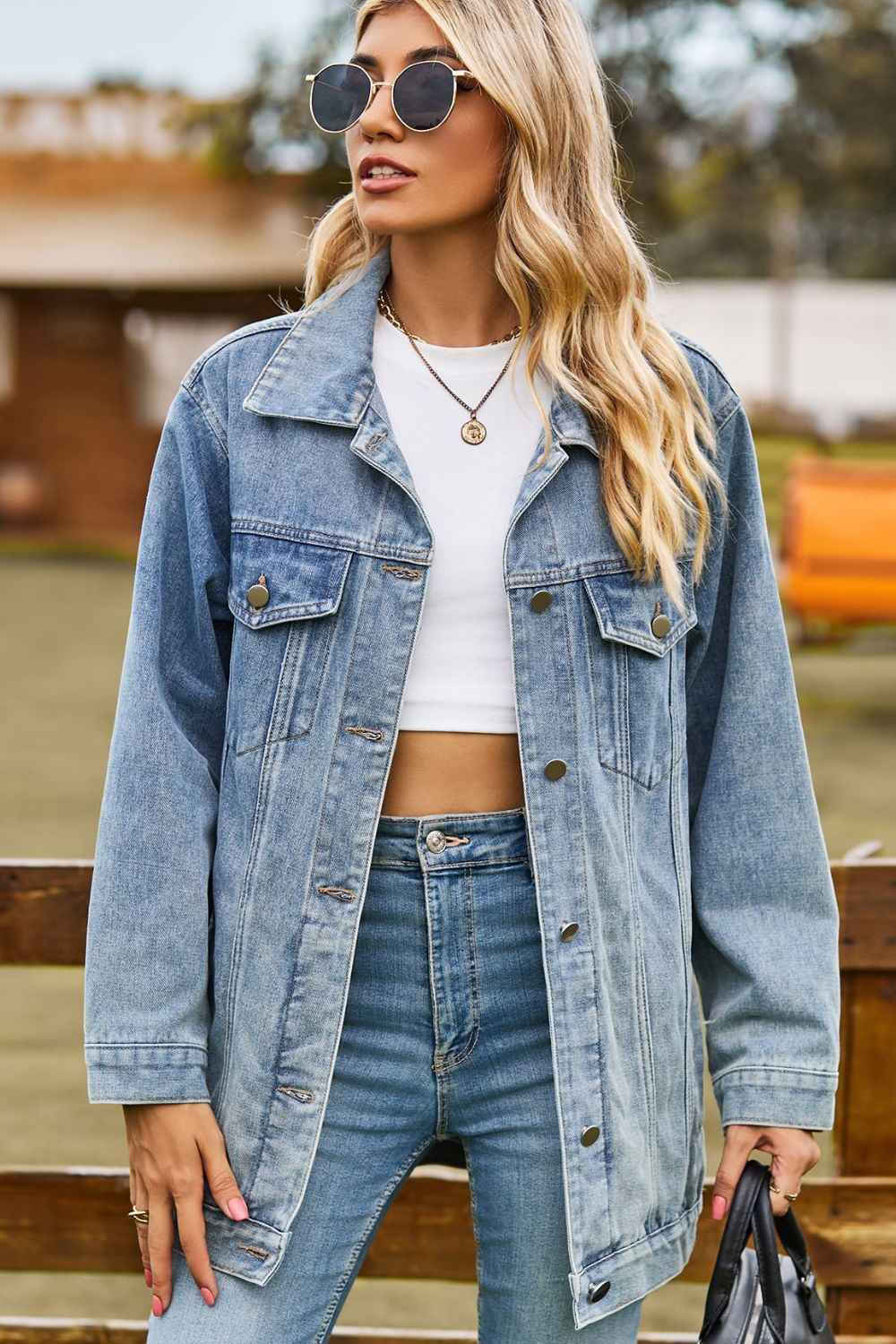 Buttoned Collared Neck Denim Womens Jacket with Pockets - aurelia-clothing-8955
