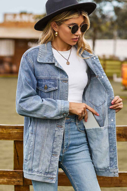 Buttoned Collared Neck Denim Womens Jacket with Pockets - aurelia-clothing-8955