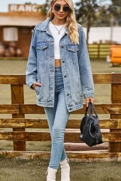 Buttoned Collared Neck Denim Womens Jacket with Pockets - aurelia-clothing-8955