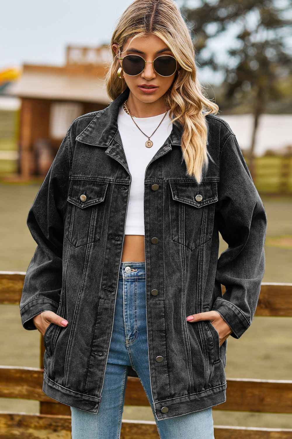Buttoned Collared Neck Denim Womens Jacket with Pockets - aurelia-clothing-8955
