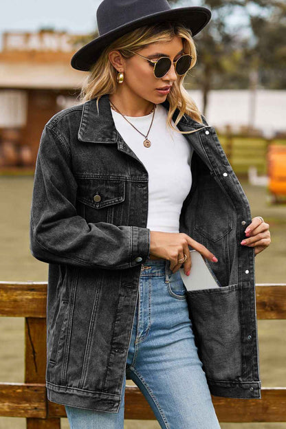 Buttoned Collared Neck Denim Womens Jacket with Pockets - aurelia-clothing-8955