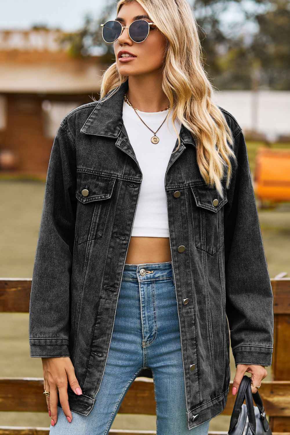 Buttoned Collared Neck Denim Womens Jacket with Pockets - aurelia-clothing-8955