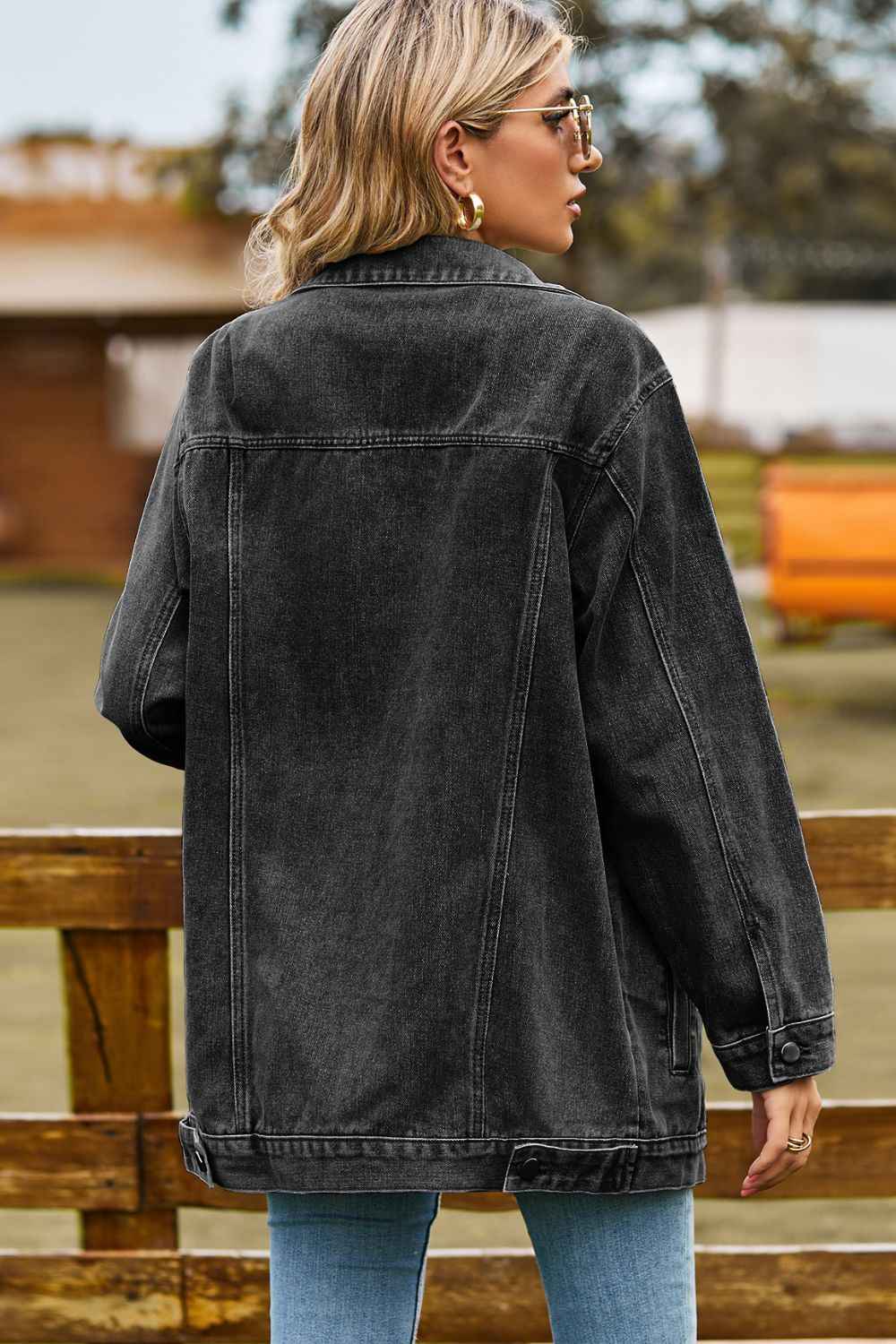 Buttoned Collared Neck Denim Womens Jacket with Pockets - aurelia-clothing-8955