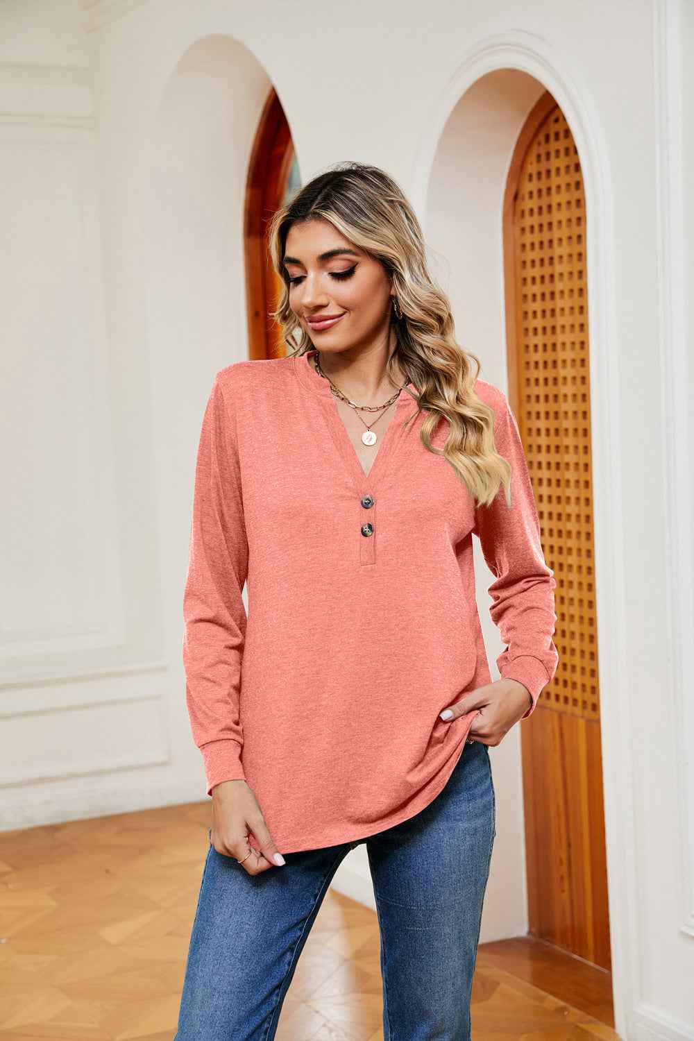 Buttoned Notched Neck Long Sleeve Top - aurelia-clothing-8955