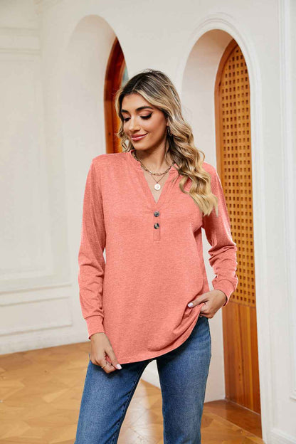 Buttoned Notched Neck Long Sleeve Top - aurelia-clothing-8955
