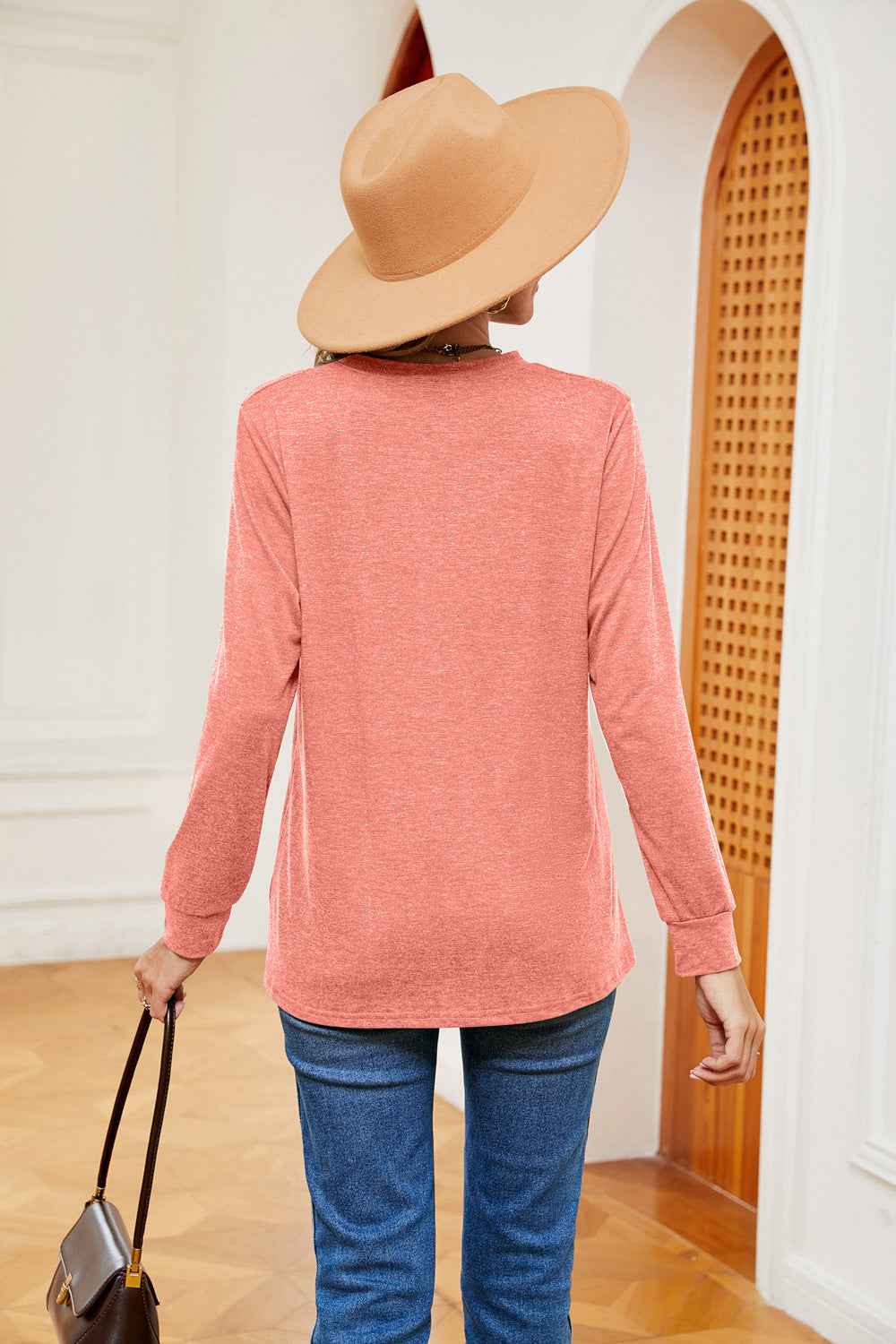 Buttoned Notched Neck Long Sleeve Top - aurelia-clothing-8955