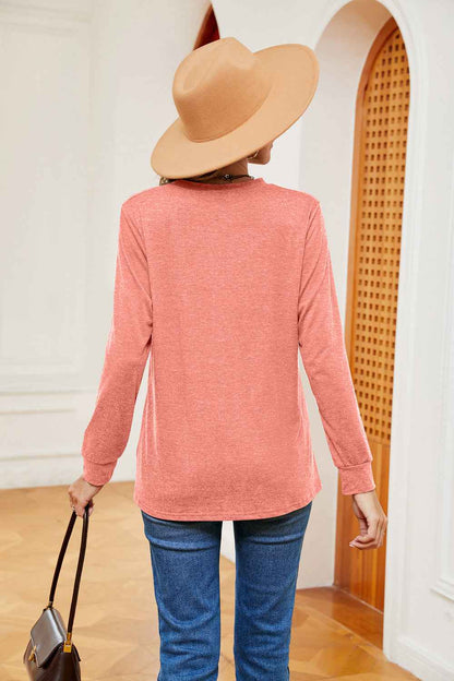 Buttoned Notched Neck Long Sleeve Top - aurelia-clothing-8955