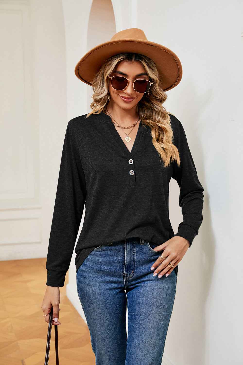 Buttoned Notched Neck Long Sleeve Top - aurelia-clothing-8955