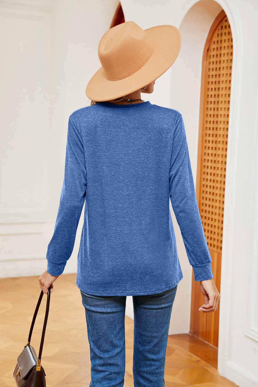 Buttoned Notched Neck Long Sleeve Top - aurelia-clothing-8955