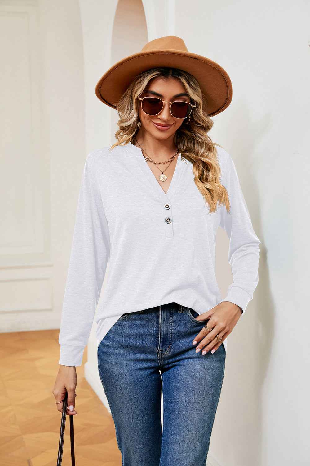 Buttoned Notched Neck Long Sleeve Top - aurelia-clothing-8955