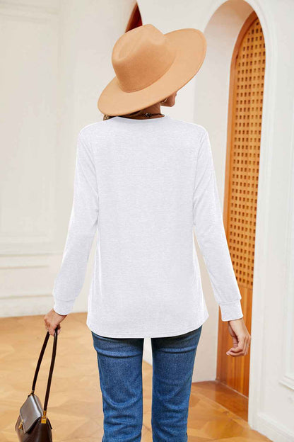 Buttoned Notched Neck Long Sleeve Top - aurelia-clothing-8955