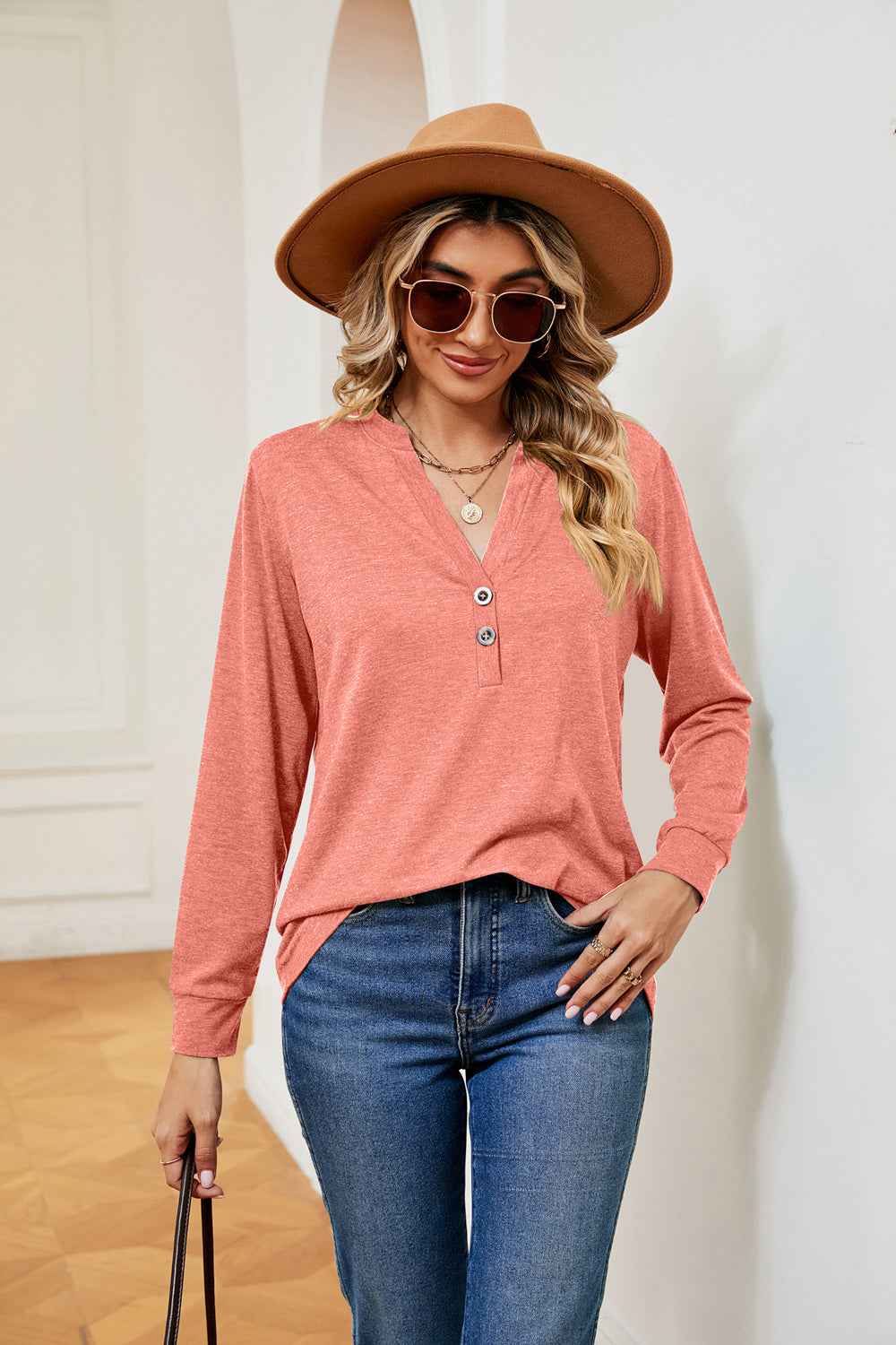 Buttoned Notched Neck Long Sleeve Top - aurelia-clothing-8955