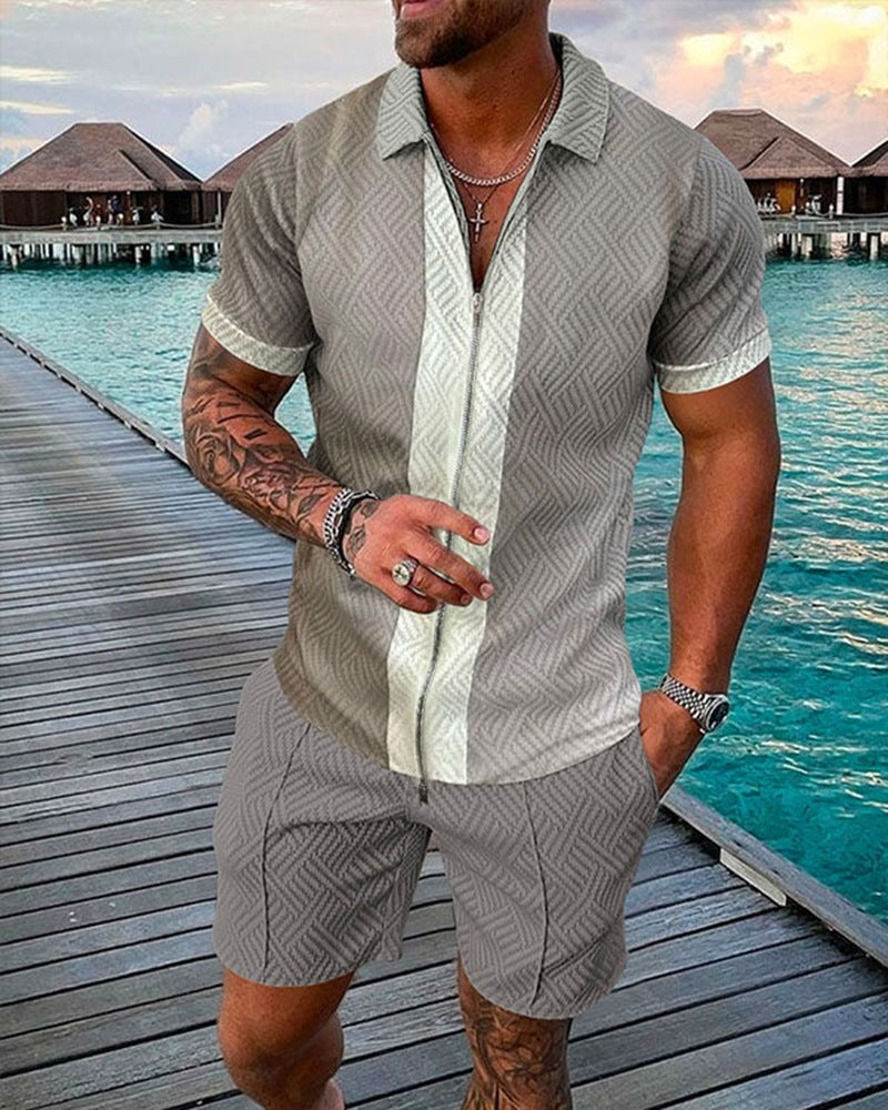New Men's Fashion Casual Suit 3D Print Zip Short Sleeve Polo Shirt Shorts 2 Piece Set - Free Shipping - Aurelia Clothing
