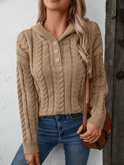 Cable-Knit Long Sleeve Hooded Sweater - aurelia-clothing-8955