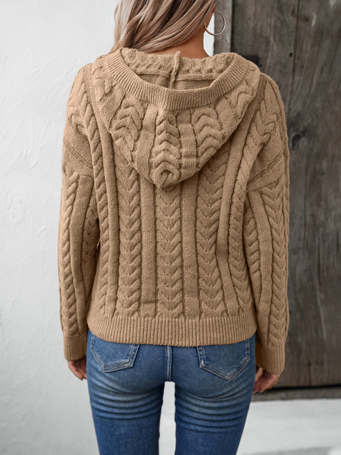 Cable-Knit Long Sleeve Hooded Sweater - aurelia-clothing-8955