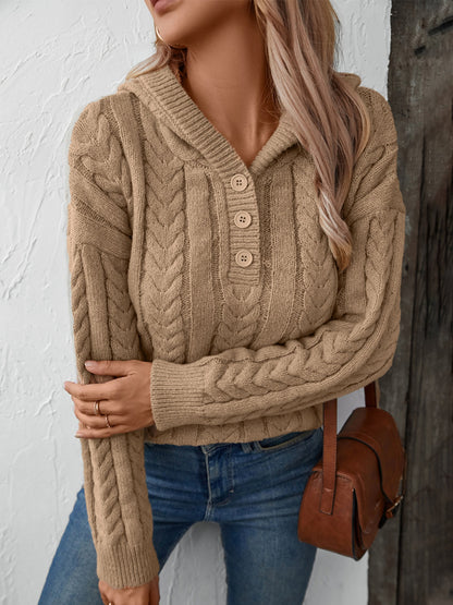 Cable-Knit Long Sleeve Hooded Sweater - aurelia-clothing-8955