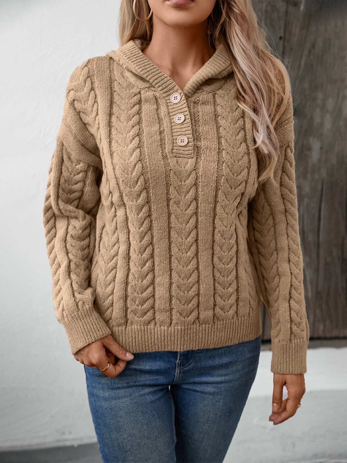 Cable-Knit Long Sleeve Hooded Sweater - aurelia-clothing-8955