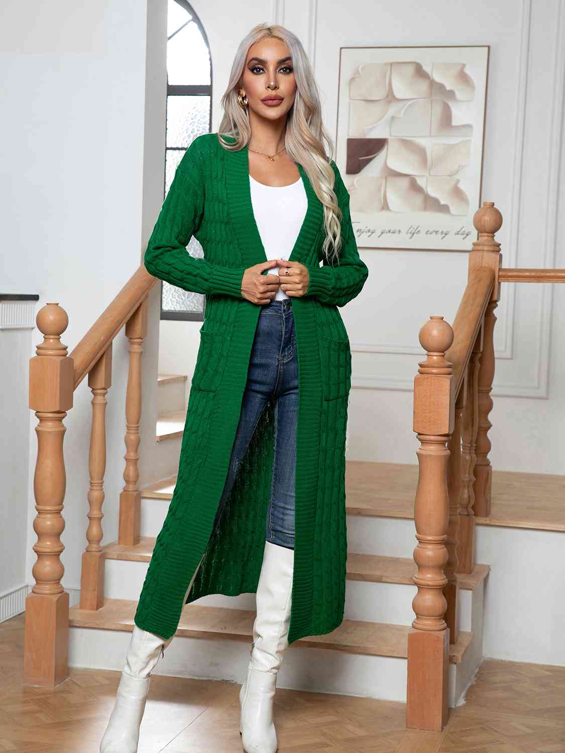 Cable-Knit Open Front Cardigan with Pockets - aurelia-clothing-8955