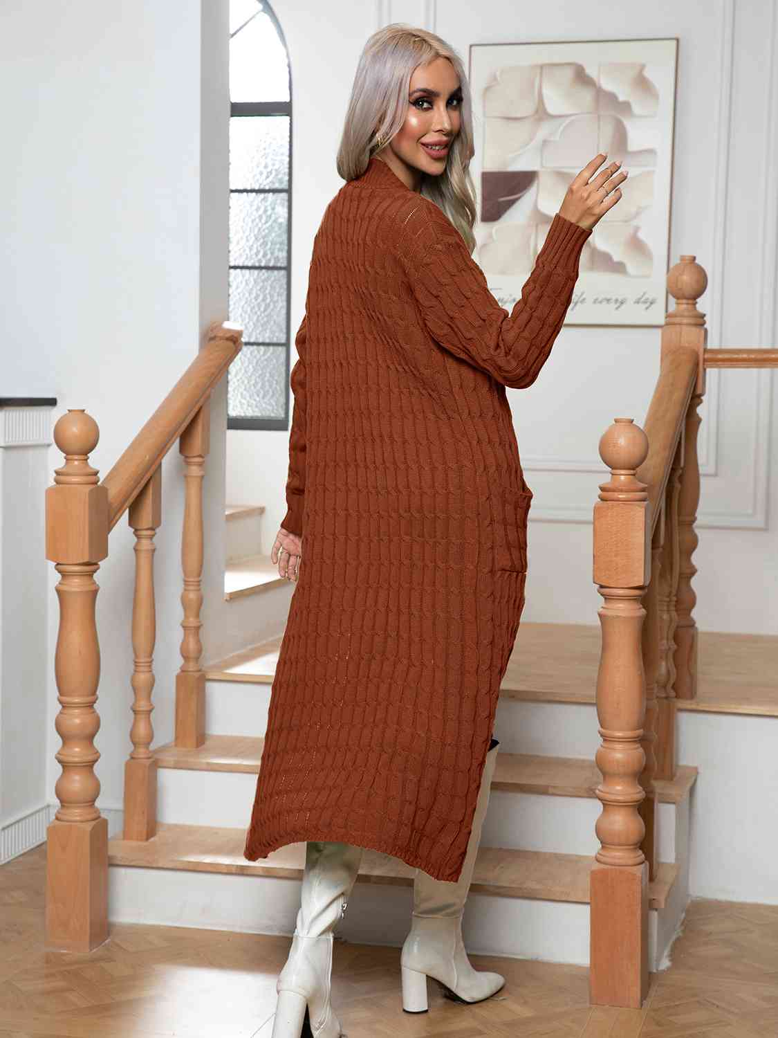Cable-Knit Open Front Cardigan with Pockets - aurelia-clothing-8955