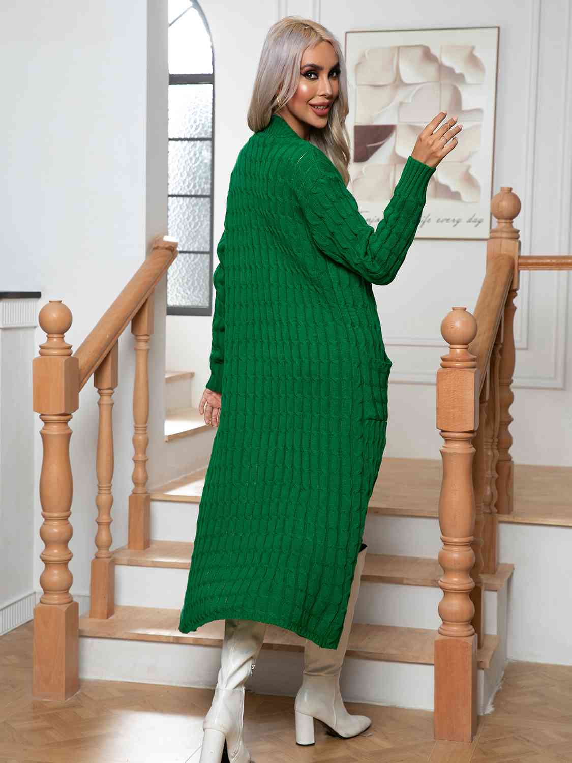Cable-Knit Open Front Cardigan with Pockets - aurelia-clothing-8955