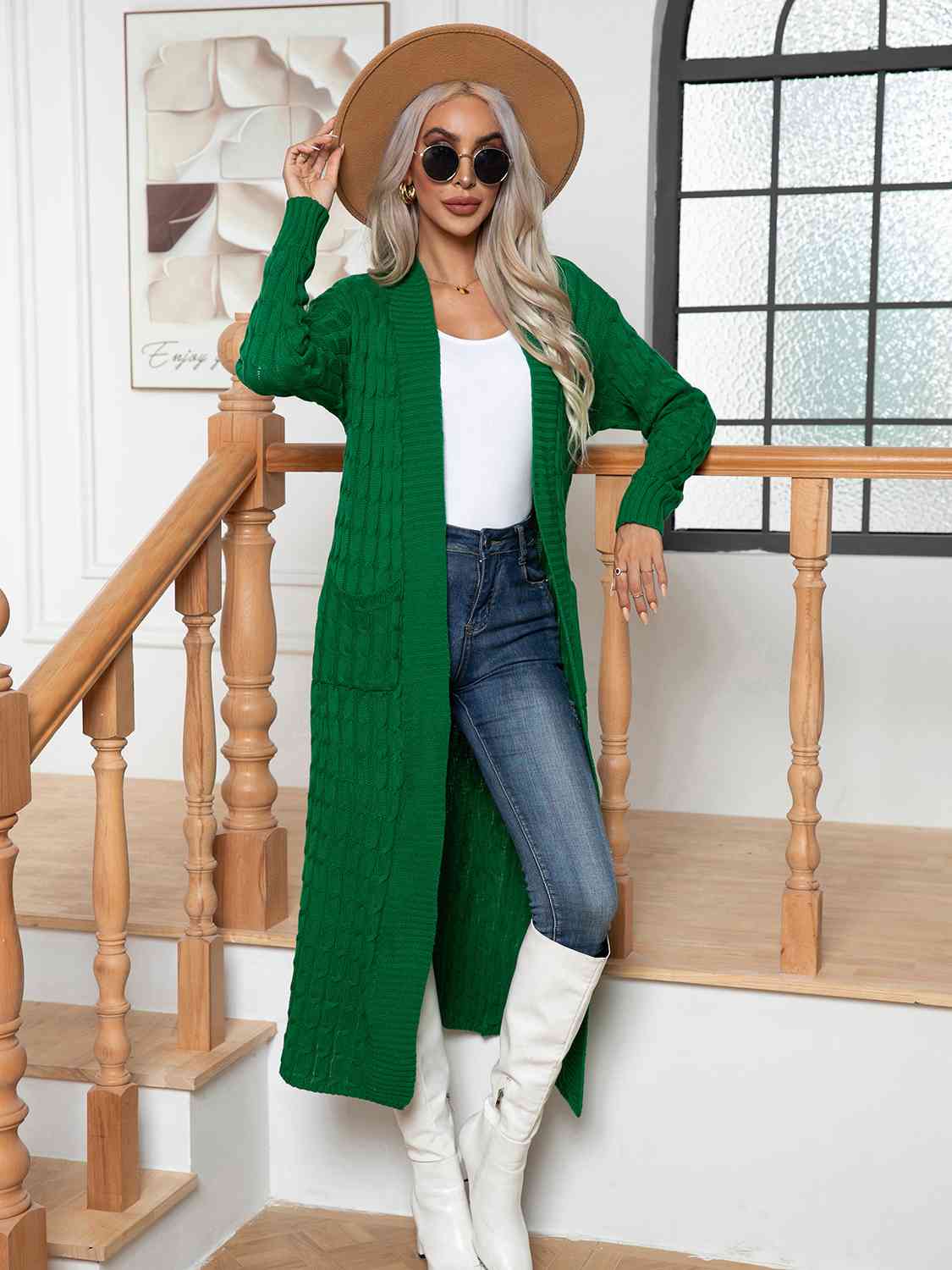 Cable-Knit Open Front Cardigan with Pockets - aurelia-clothing-8955