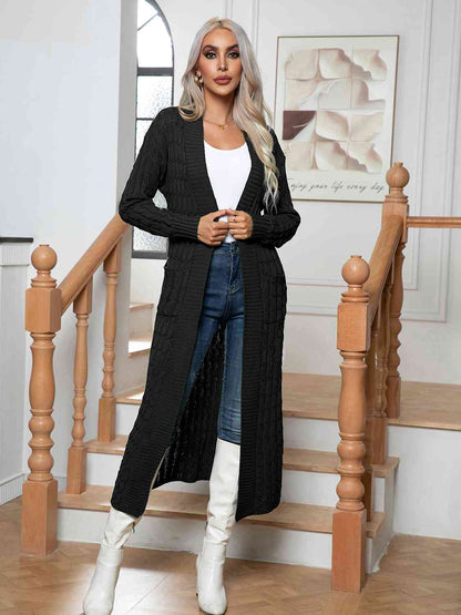 Cable-Knit Open Front Cardigan with Pockets - aurelia-clothing-8955