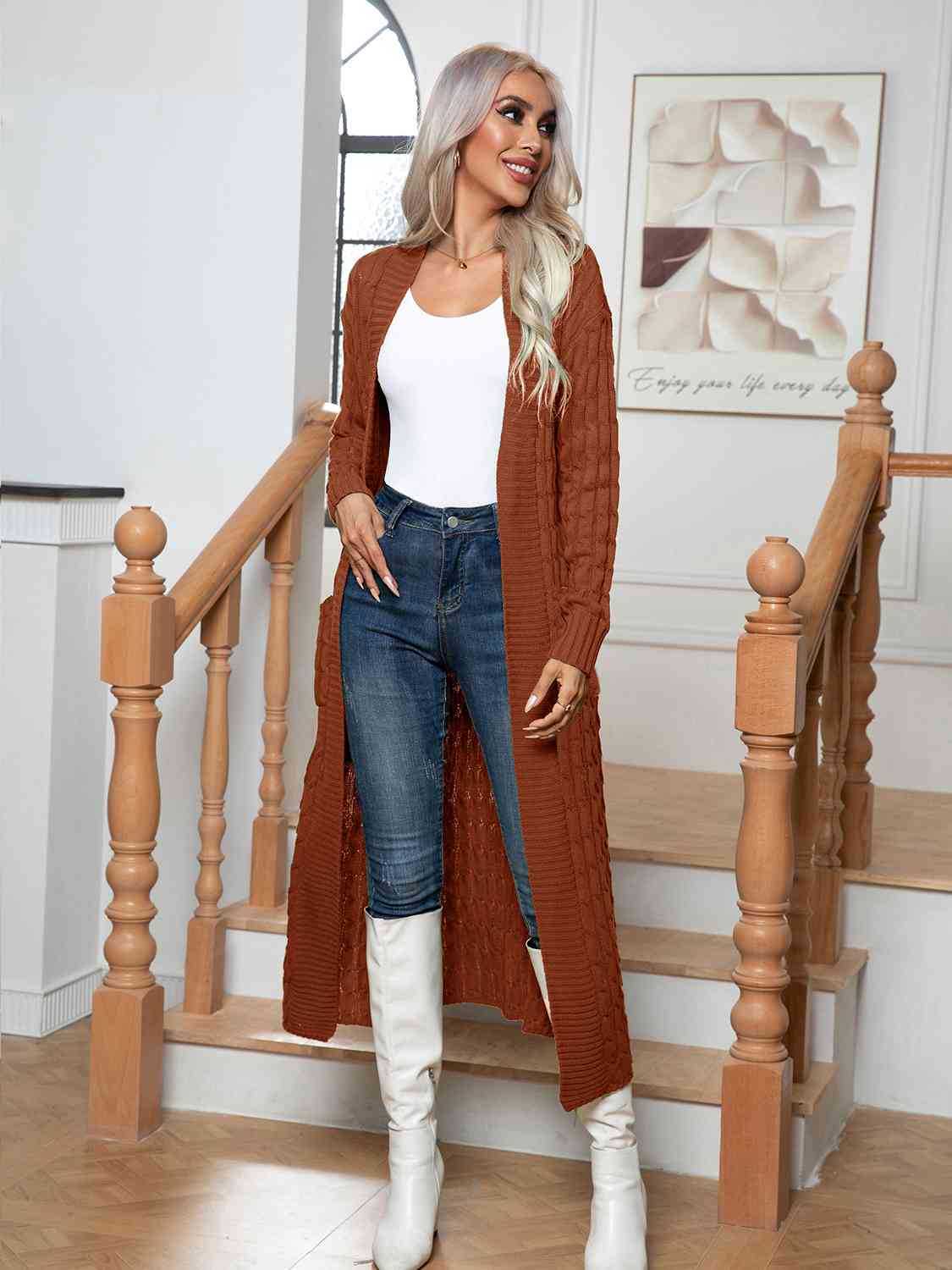 Cable-Knit Open Front Cardigan with Pockets - aurelia-clothing-8955