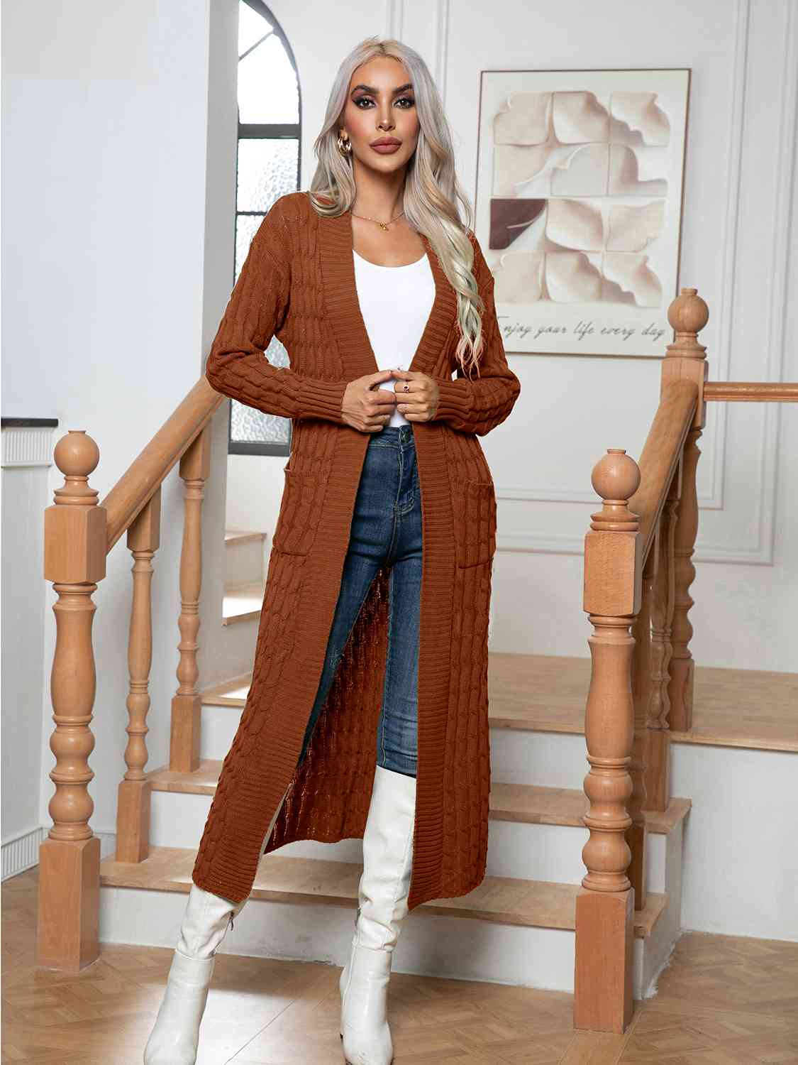 Cable-Knit Open Front Cardigan with Pockets - aurelia-clothing-8955