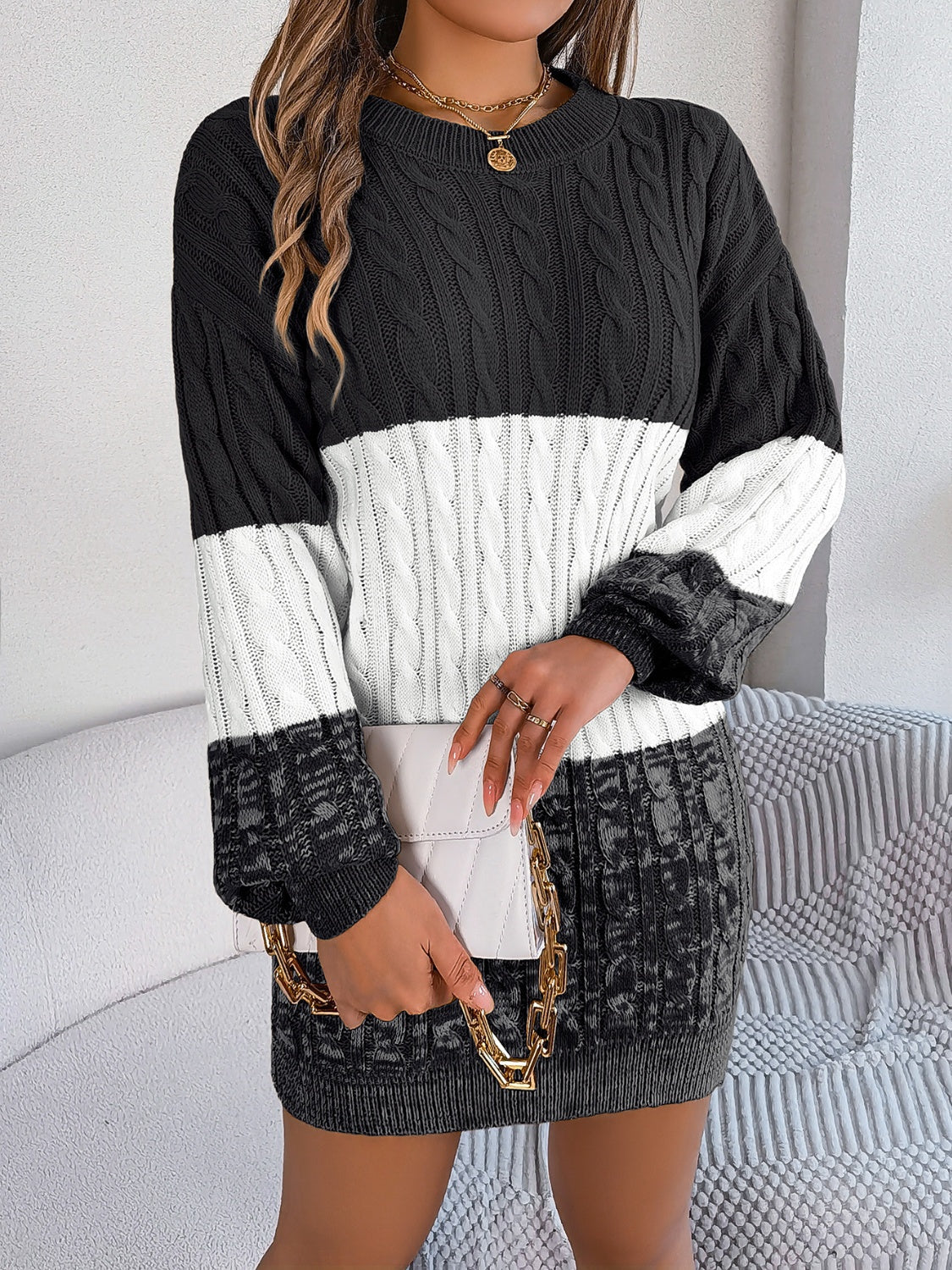 Cable-Knit Round Neck Color Block Sweater Dress - Free Shipping - aurelia-clothing-8955