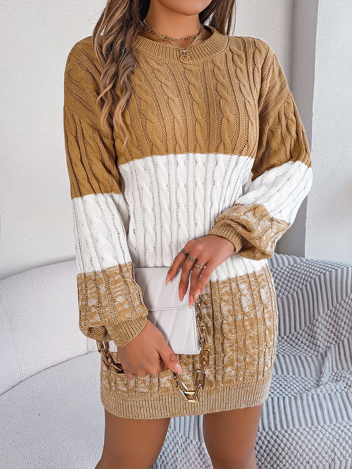 Cable-Knit Round Neck Color Block Sweater Dress - Free Shipping - aurelia-clothing-8955