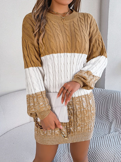 Cable-Knit Round Neck Color Block Sweater Dress - Free Shipping - aurelia-clothing-8955