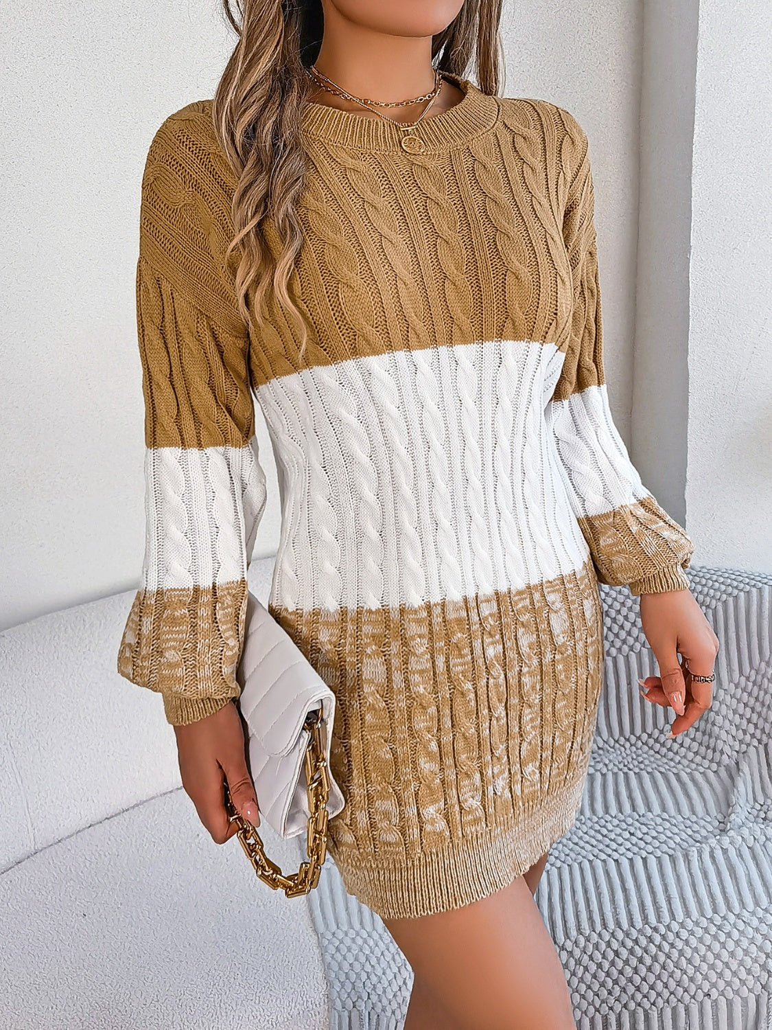 Cable-Knit Round Neck Color Block Sweater Dress - Free Shipping - aurelia-clothing-8955