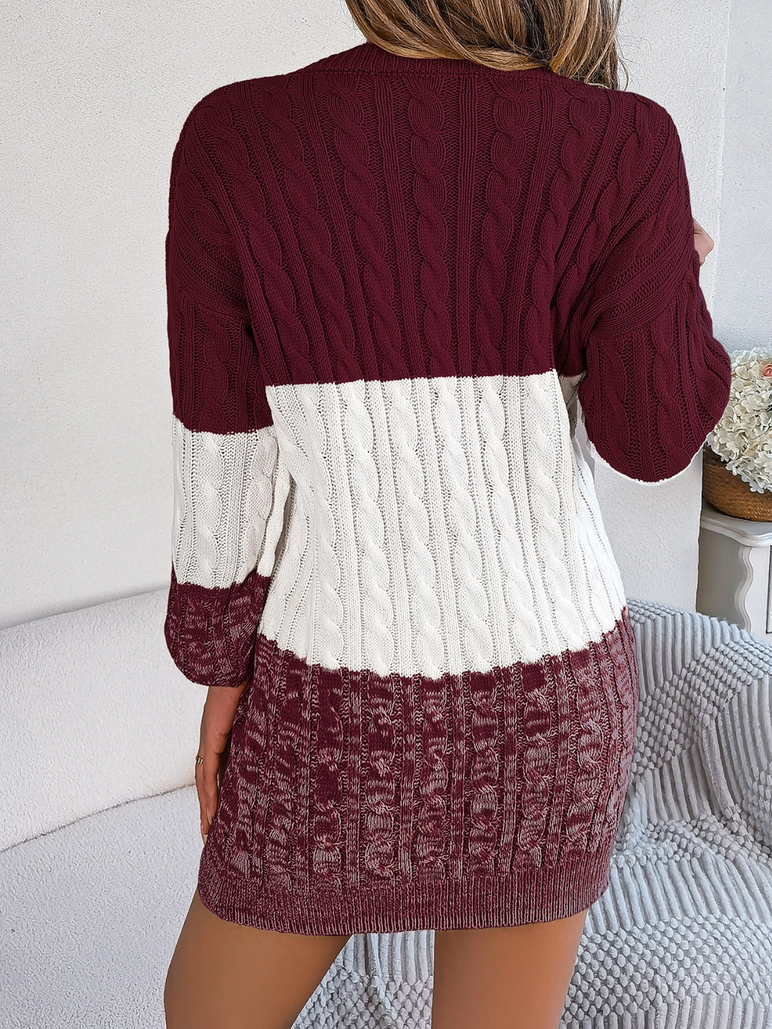 Cable-Knit Round Neck Color Block Sweater Dress - Free Shipping - aurelia-clothing-8955