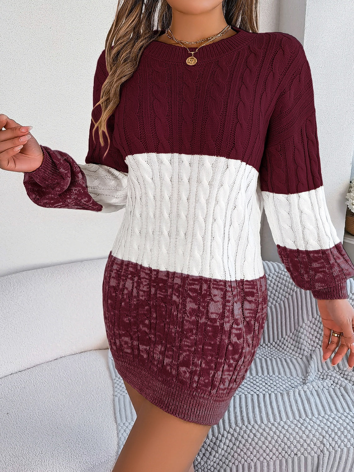Cable-Knit Round Neck Color Block Sweater Dress - Free Shipping - aurelia-clothing-8955