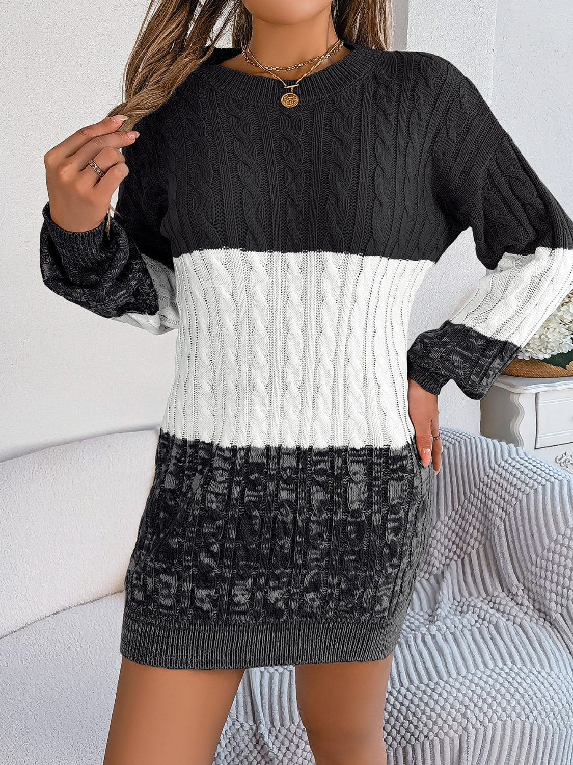 Cable-Knit Round Neck Color Block Sweater Dress - Free Shipping - aurelia-clothing-8955