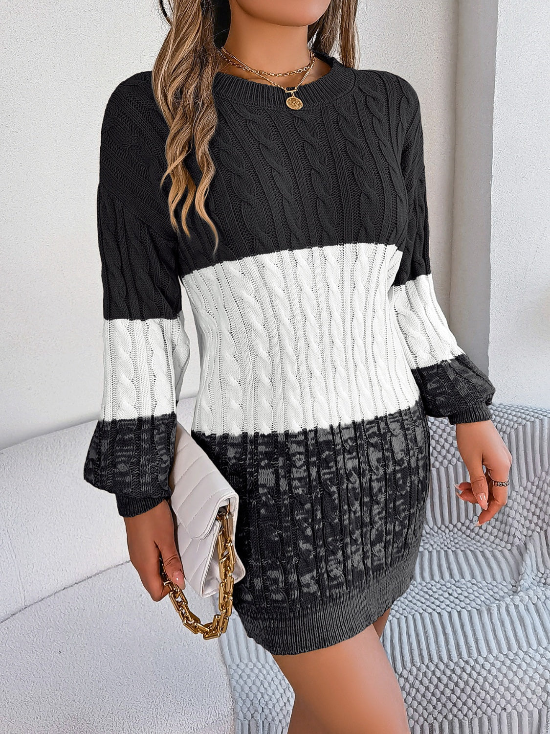 Cable-Knit Round Neck Color Block Sweater Dress - Free Shipping - aurelia-clothing-8955