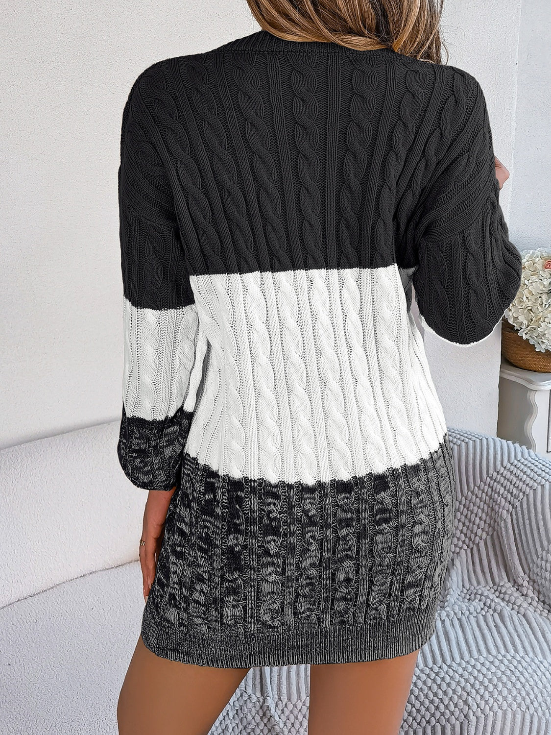 Cable-Knit Round Neck Color Block Sweater Dress - Free Shipping - aurelia-clothing-8955