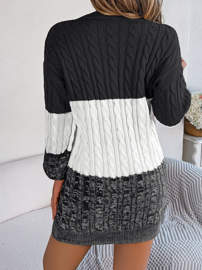 Cable-Knit Round Neck Color Block Sweater Dress - Free Shipping - aurelia-clothing-8955