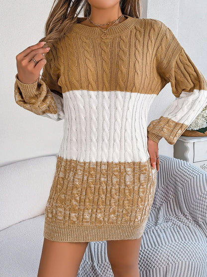 Cable-Knit Round Neck Color Block Sweater Dress - Free Shipping - aurelia-clothing-8955