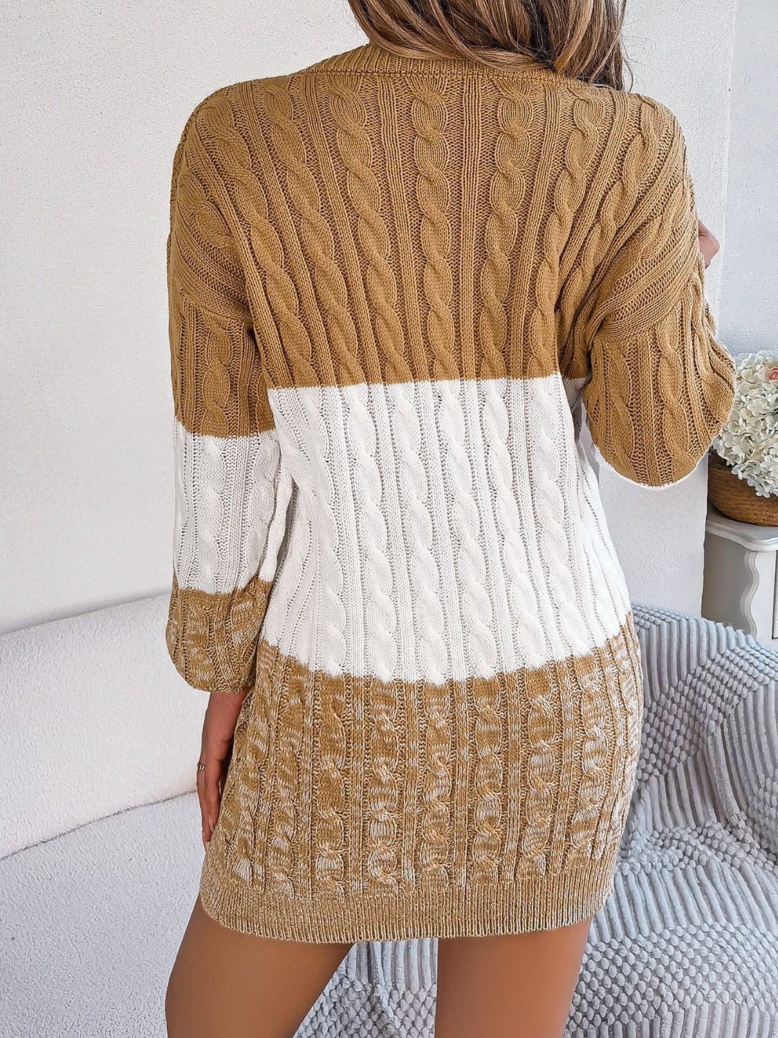 Cable-Knit Round Neck Color Block Sweater Dress - Free Shipping - aurelia-clothing-8955