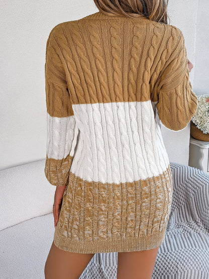 Cable-Knit Round Neck Color Block Sweater Dress - Free Shipping - aurelia-clothing-8955