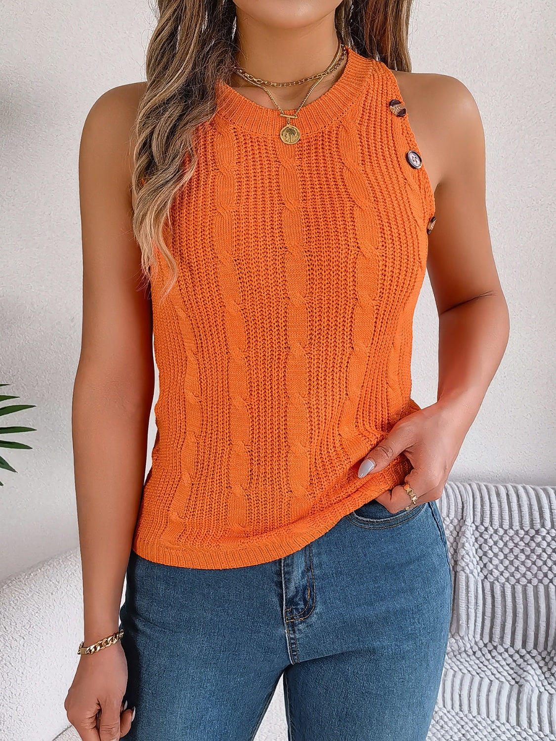 Cable-Knit Round Neck Vest - aurelia-clothing-8955